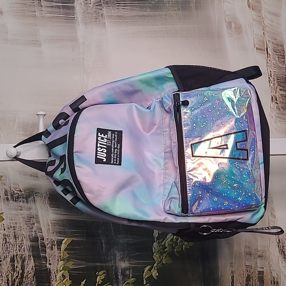 Justice Girls shiny metallic purple pink pastel Backpack A initial